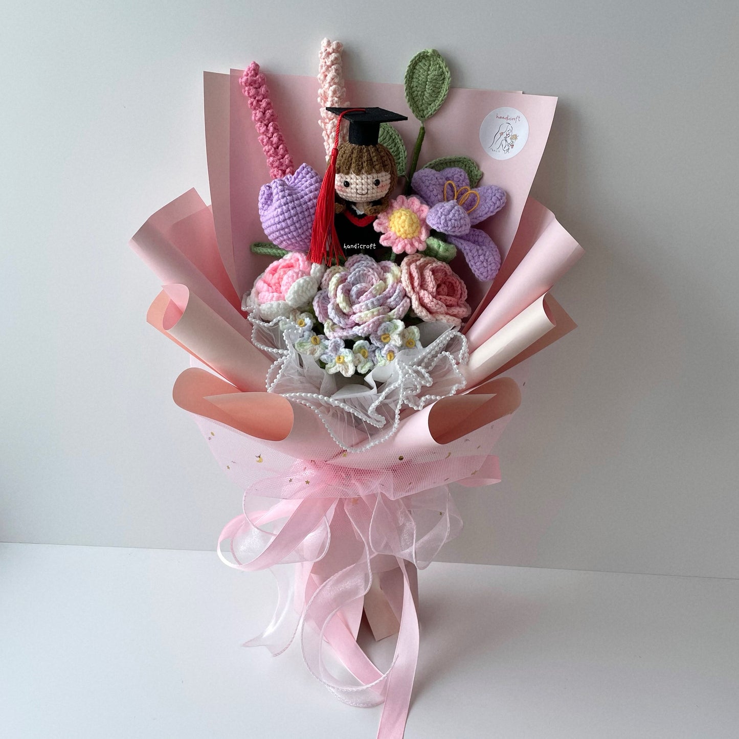 handicroft handmade crochet everlasting pink purple graduation flower bouquet mixed petal triumph
