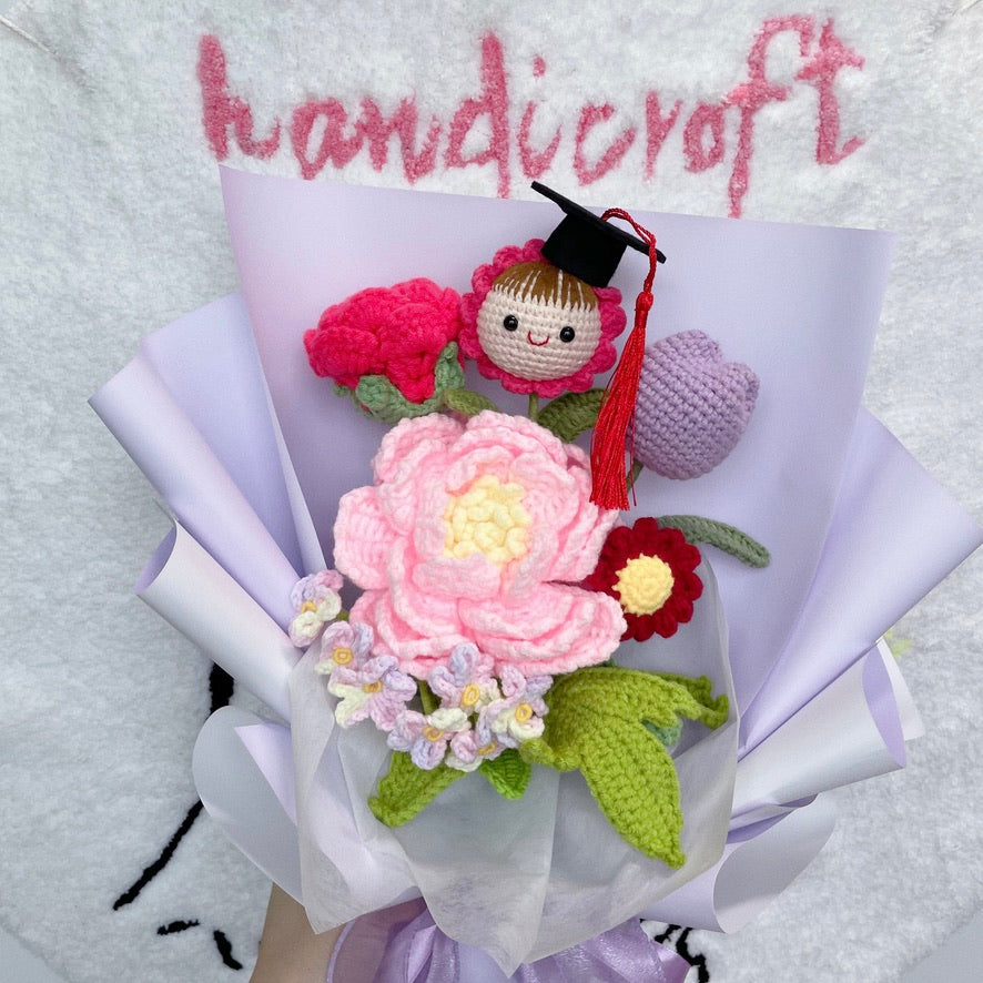 handicroft handmade crochet everlasting pink purple graduation flower bouquet pastel peony petals