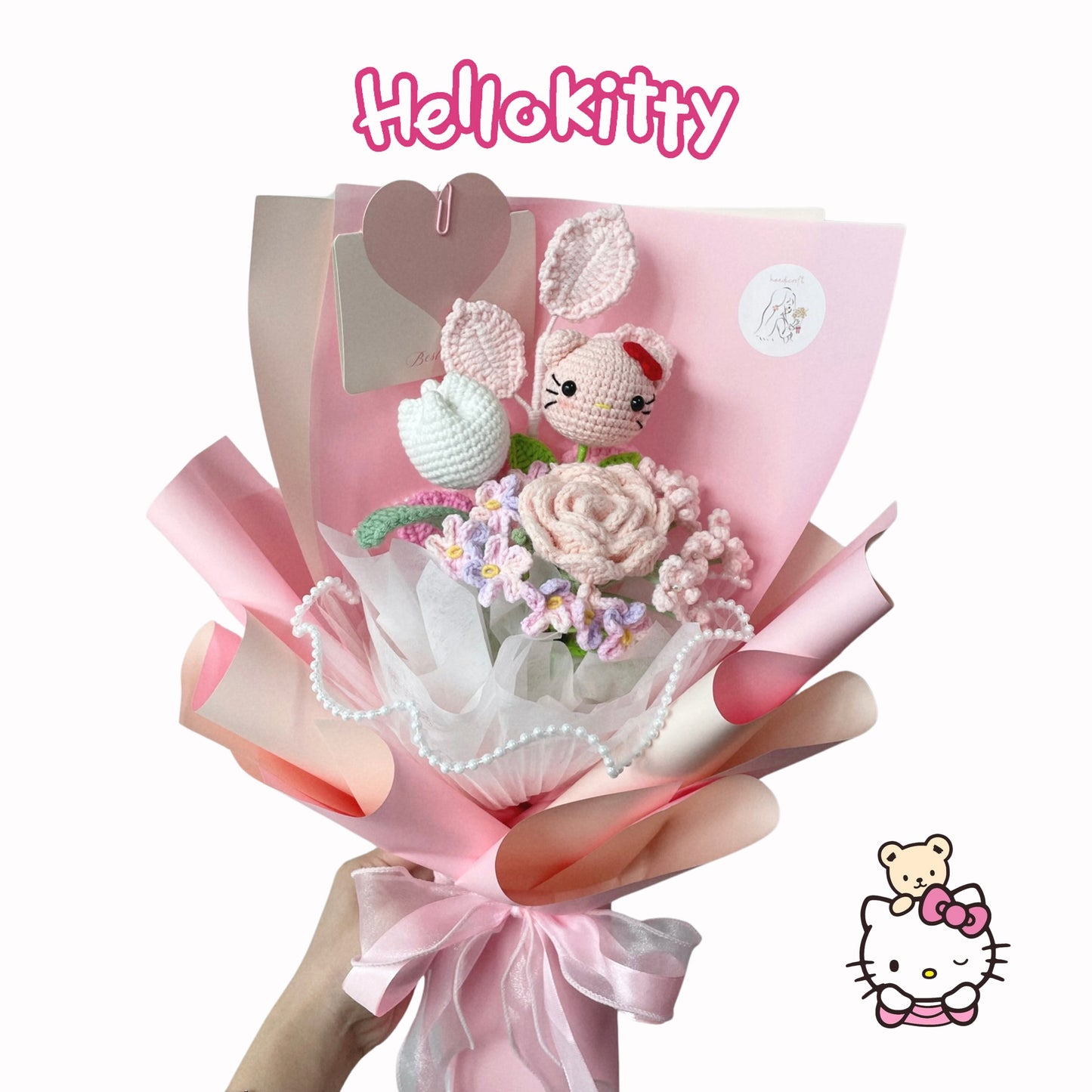 handicroft handmade crochet flower bouquet hello kitty character pink pastel