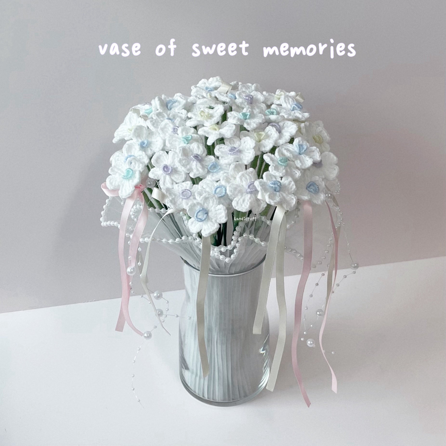 handicroft handmade crochet flower bouquet vase arrangement vase of sweet memories forget me not pastel flowers