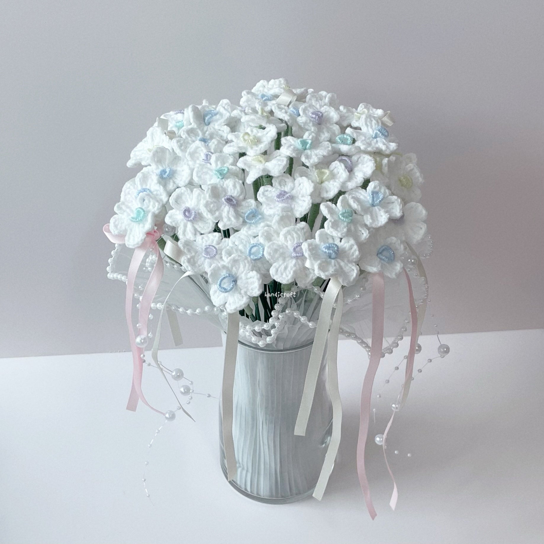 handicroft handmade crochet flower bouquet vase arrangement vase of sweet memories forget me not pastel flowers