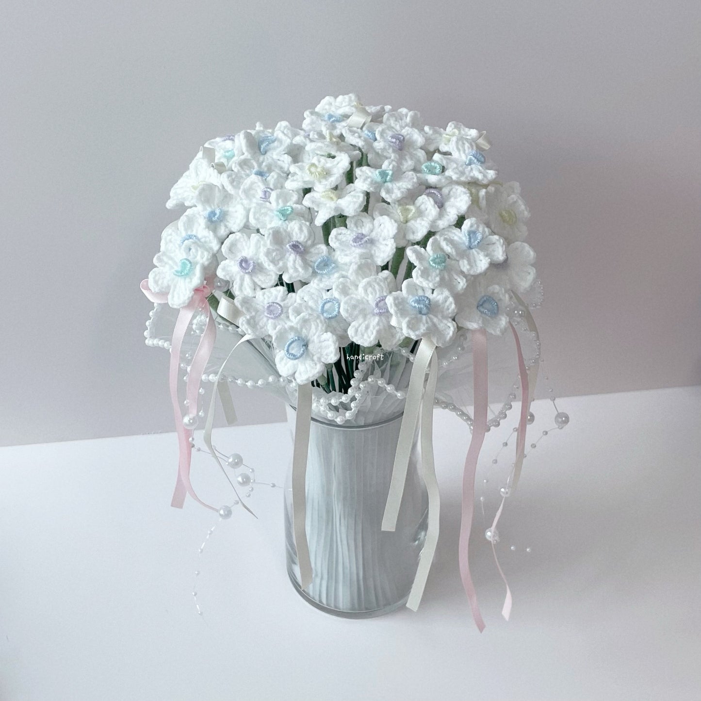 handicroft handmade crochet flower bouquet vase arrangement vase of sweet memories forget me not pastel flowers