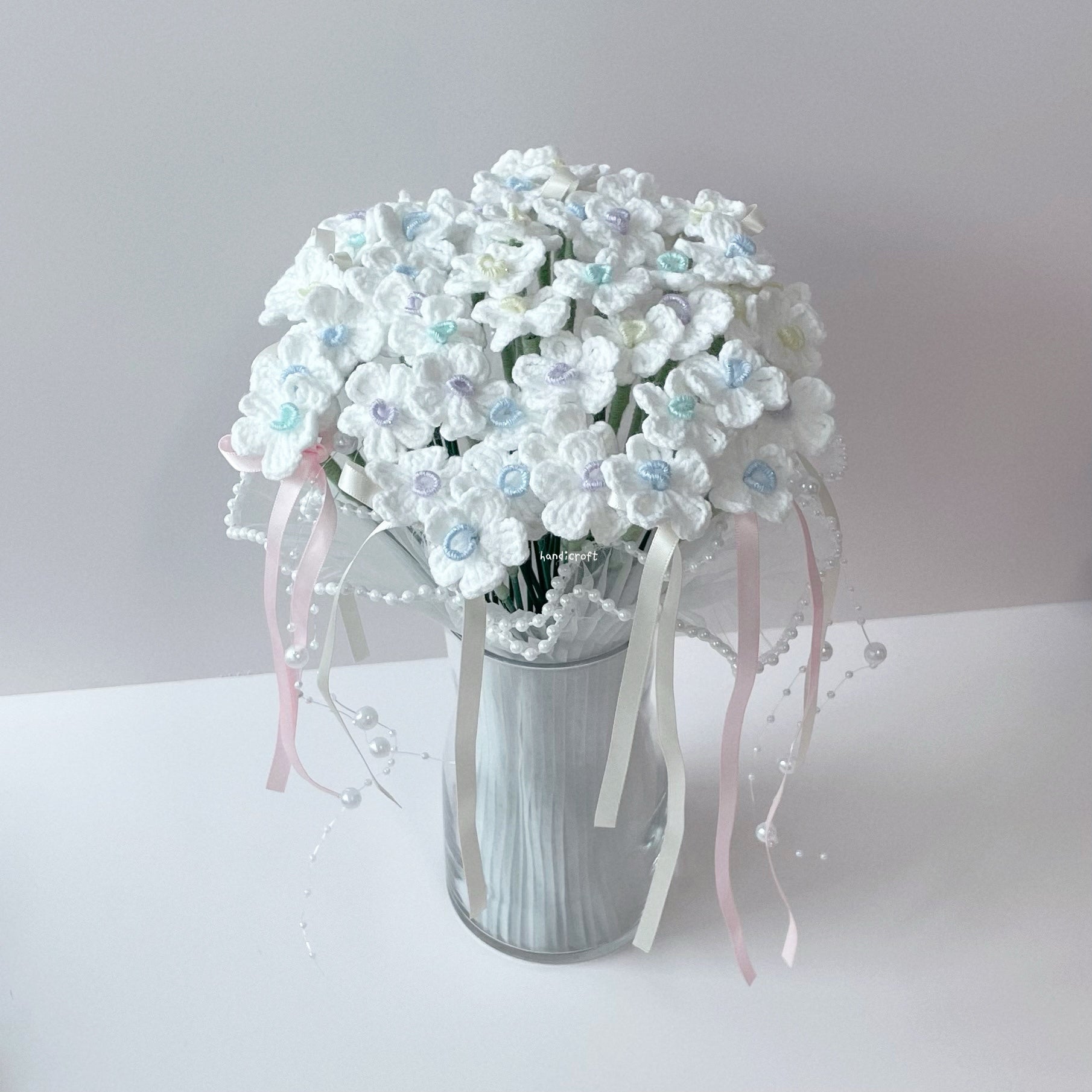 handicroft handmade crochet flower bouquet vase arrangement vase of sweet memories forget me not pastel flowers