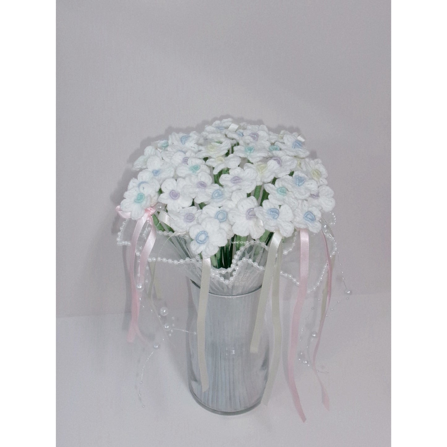 handicroft handmade crochet flower bouquet vase arrangement vase of sweet memories forget me not pastel flowers