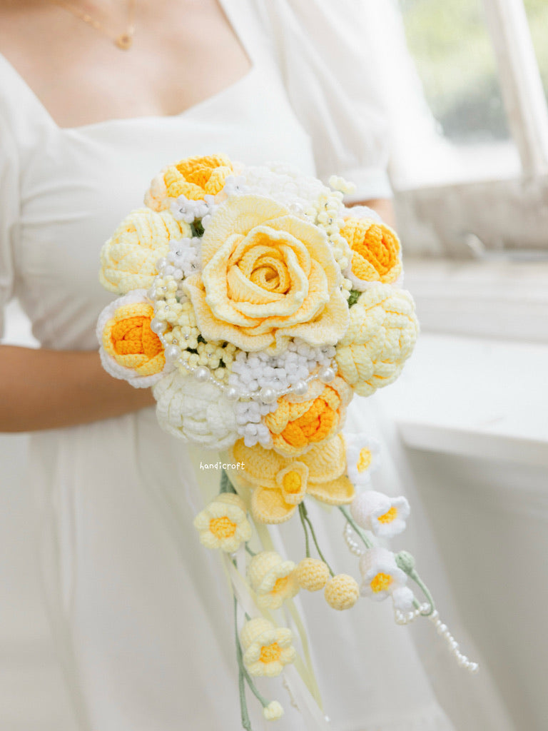 handicroft handmade crochet flower bouquet yellow bridal cascading wedding bouquet