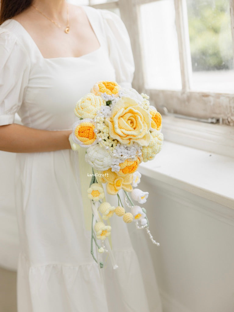 handicroft handmade crochet flower bouquet yellow bridal cascading wedding bouquet