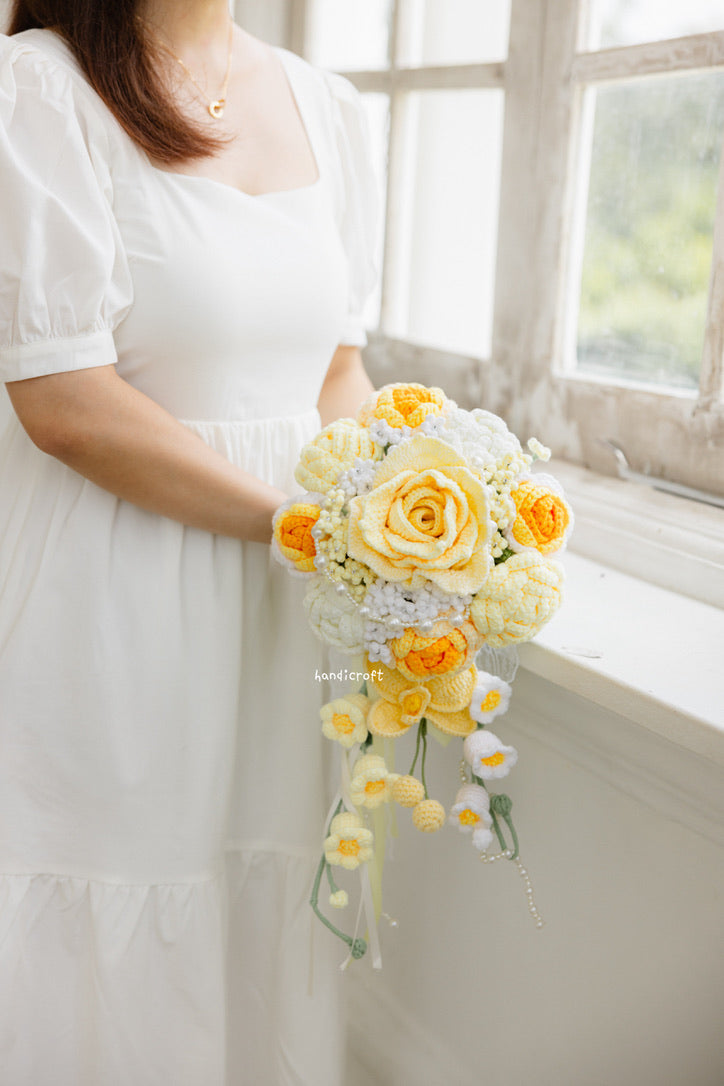 handicroft handmade crochet flower bouquet yellow bridal cascading wedding bouquet
