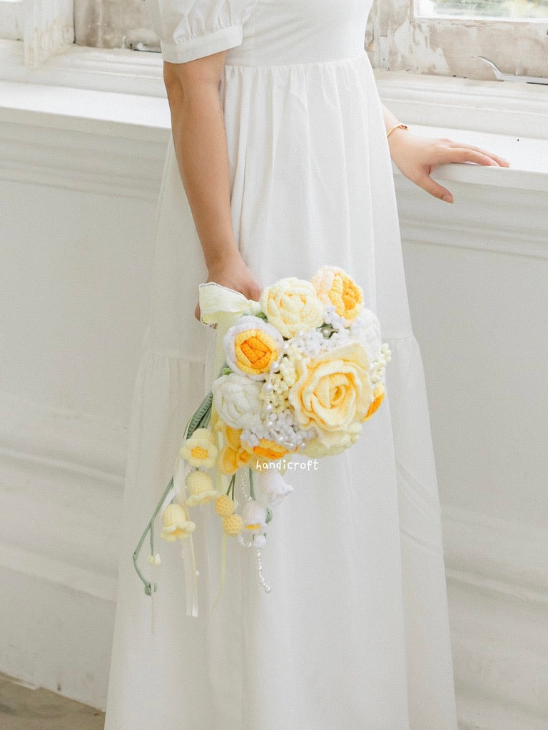 handicroft handmade crochet flower bouquet yellow bridal cascading wedding bouquet