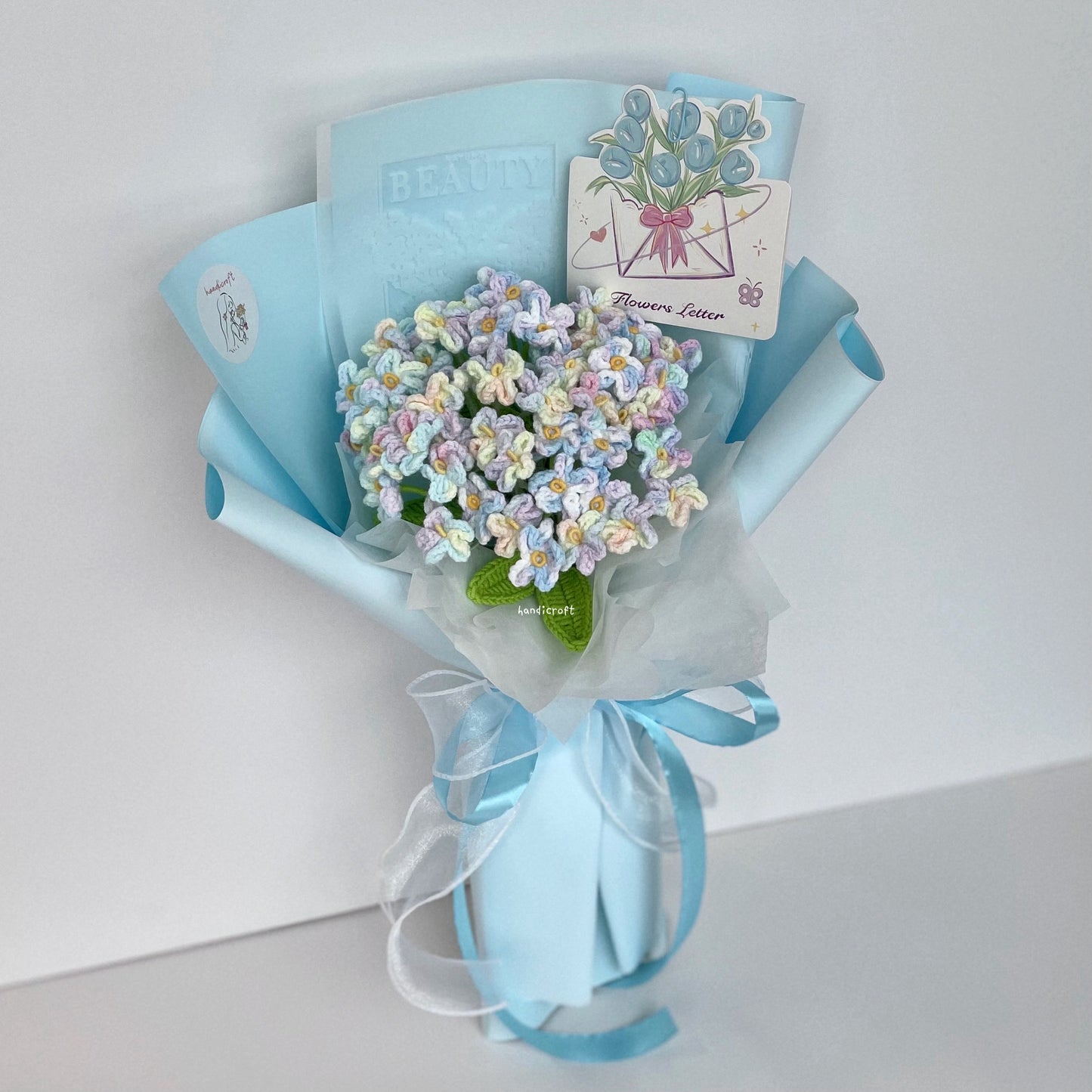 handicroft handmade crochet forget-me-not flower bouquet our little forever blue