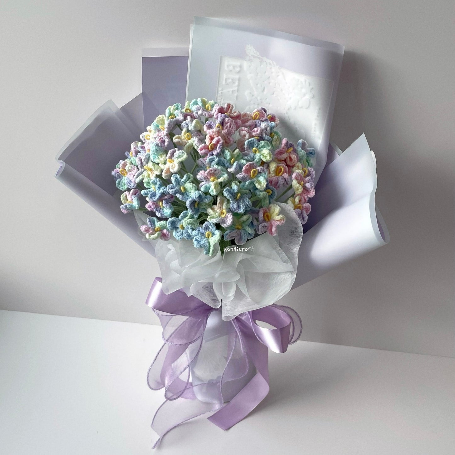 handicroft handmade crochet forget-me-not flower bouquet our little forever purple