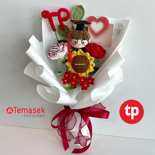 handicroft handmade crochet graduation flower bouquet TP Temasek Polytechnic special blooms