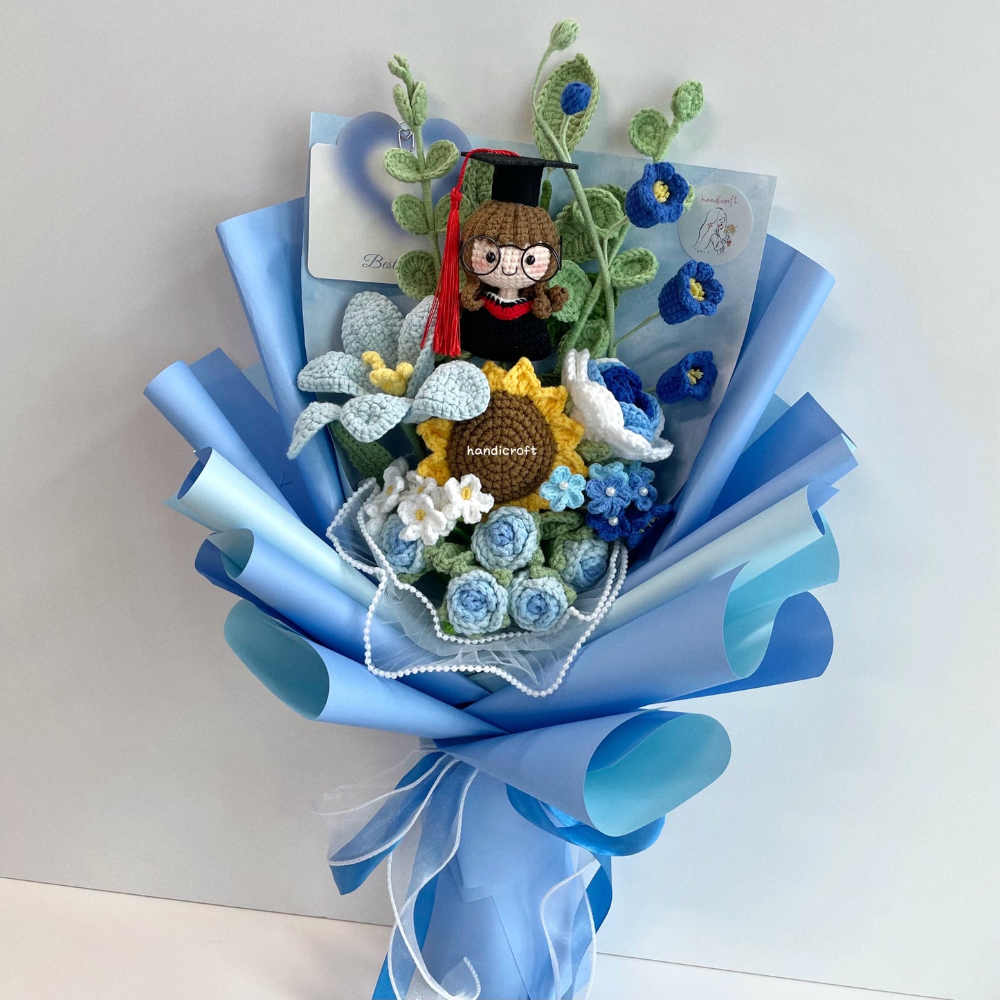 handicroft handmade crochet graduation flower bouquet a garden of memories blue girl