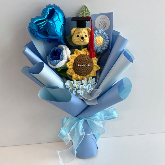 handicroft handmade crochet graduation flower bouquet celebrate blossoms: hunny edition blue