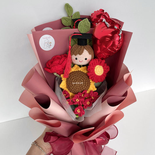 handicroft handmade crochet graduation flower bouquet celebrate blossoms red #1 girl head