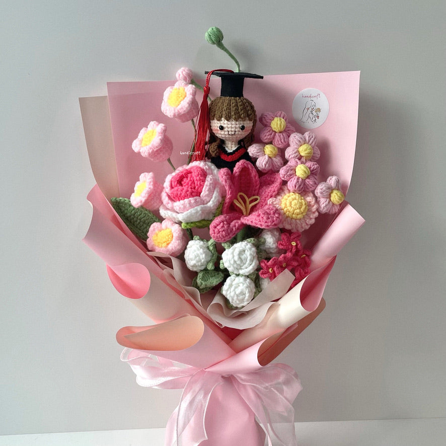 handicroft handmade crochet graduation flower bouquet dreamie moments pink