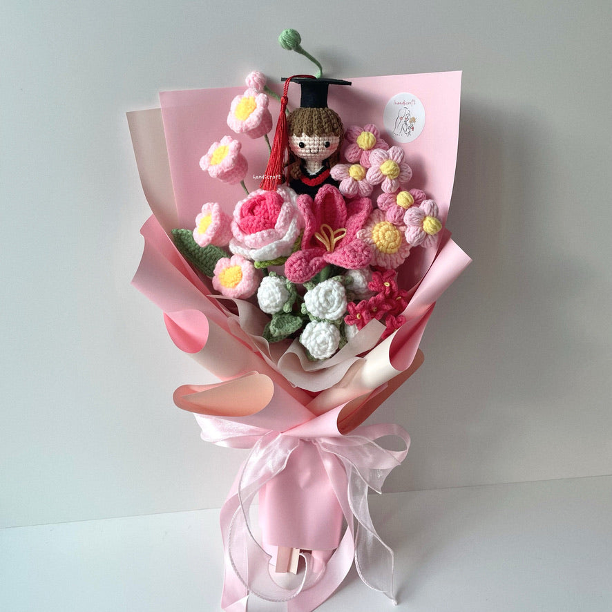 handicroft handmade crochet graduation flower bouquet dreamie moments pink