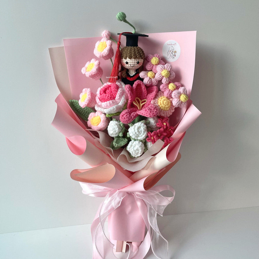 handicroft handmade crochet graduation flower bouquet dreamie moments pink