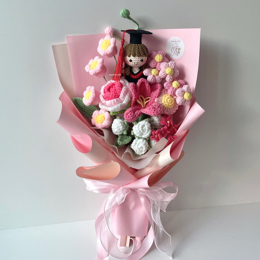 handicroft handmade crochet graduation flower bouquet dreamie moments pink