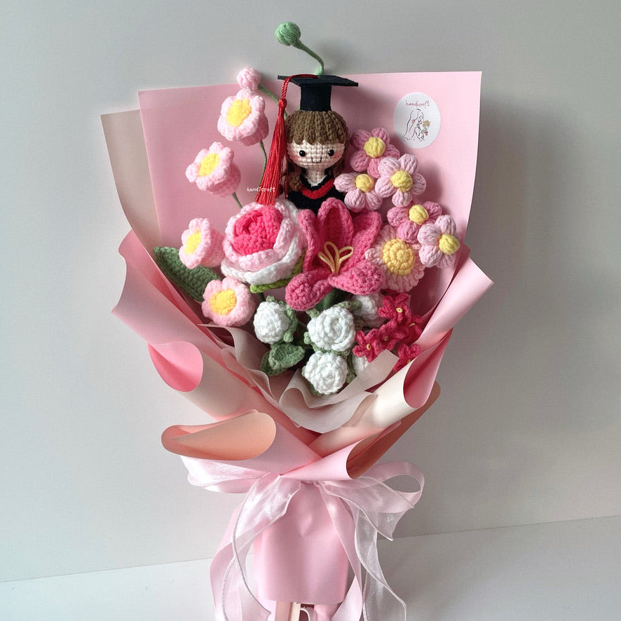handicroft handmade crochet graduation flower bouquet dreamie moments pink