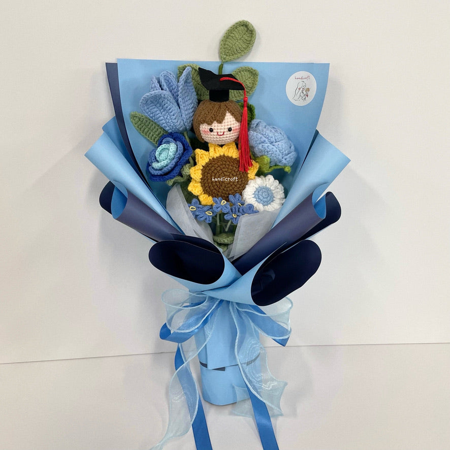 handicroft handmade crochet graduation flower bouquet happy petals blue girl