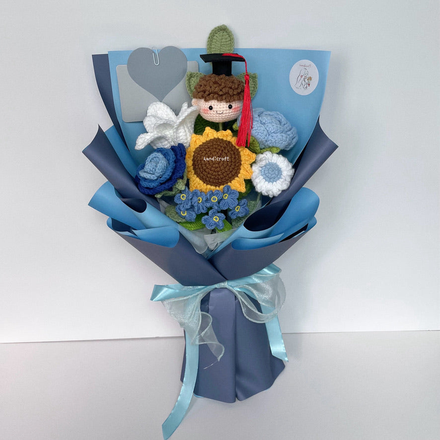 handicroft handmade crochet graduation flower bouquet happy petals dark blue boy