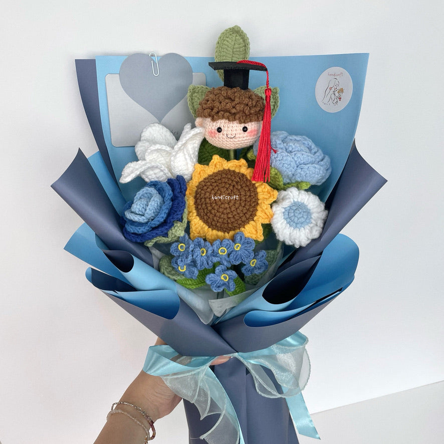 handicroft handmade crochet graduation flower bouquet happy petals dark blue boy