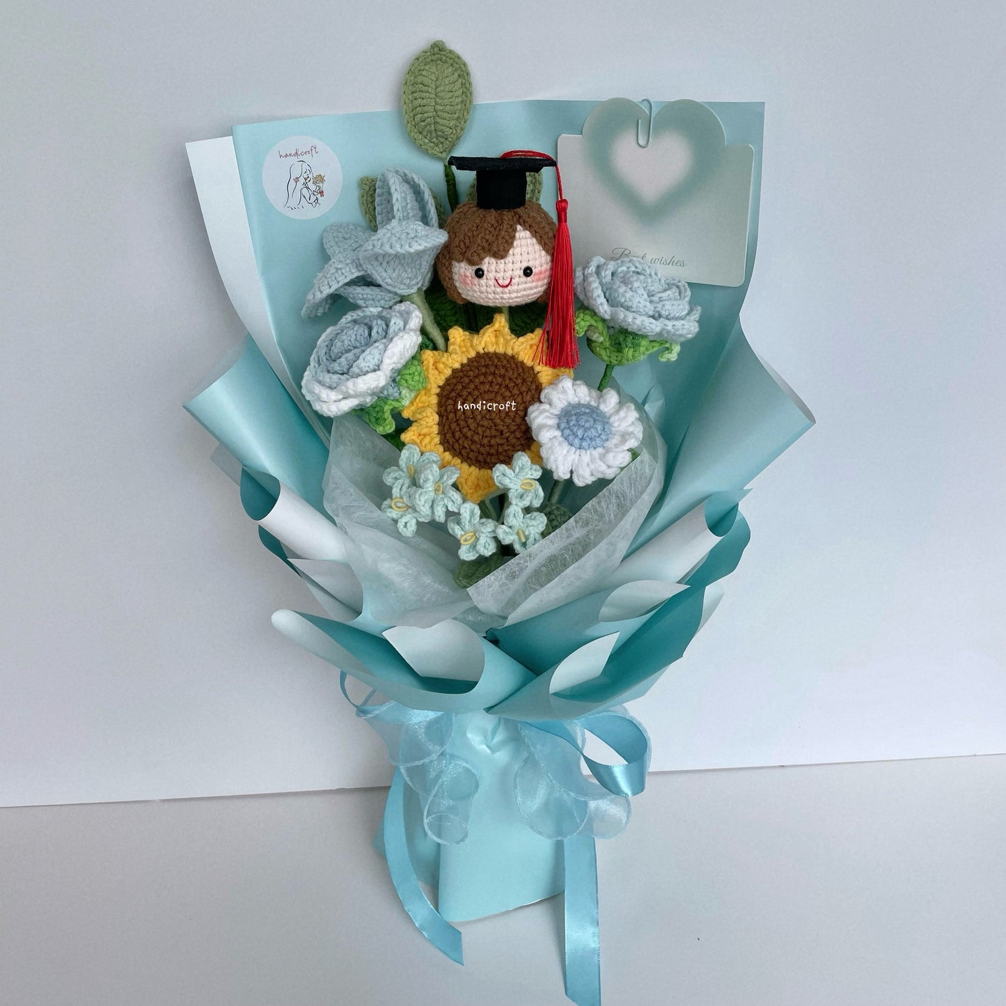 handicroft handmade crochet graduation flower bouquet happy petals light blue girl
