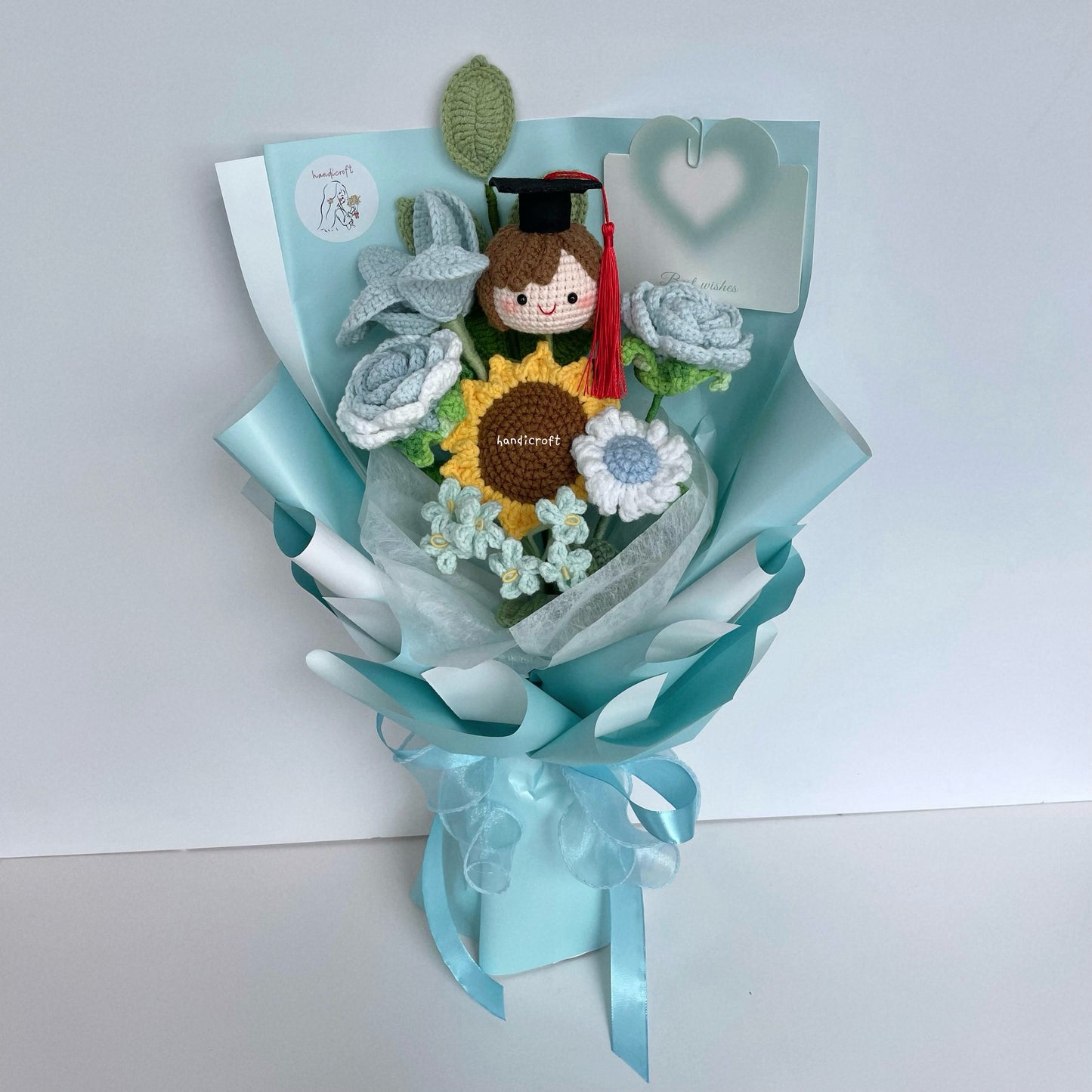 handicroft handmade crochet graduation flower bouquet happy petals light blue girl