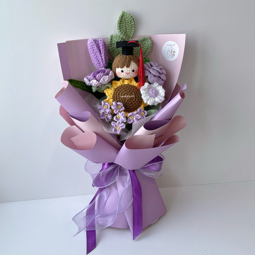 handicroft handmade crochet graduation flower bouquet happy petals purple girl
