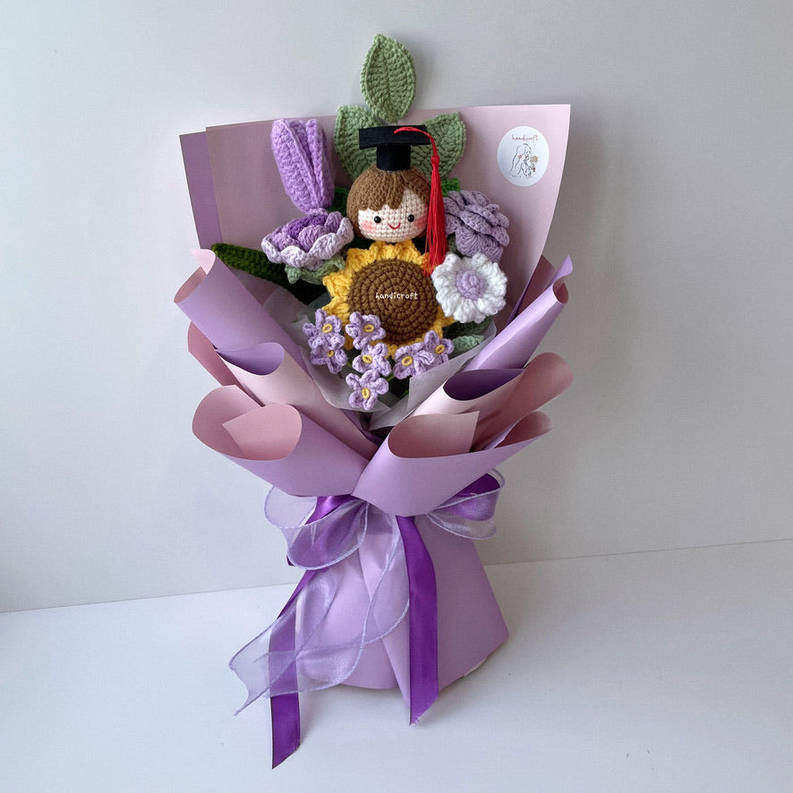 handicroft handmade crochet graduation flower bouquet happy petals purple girl