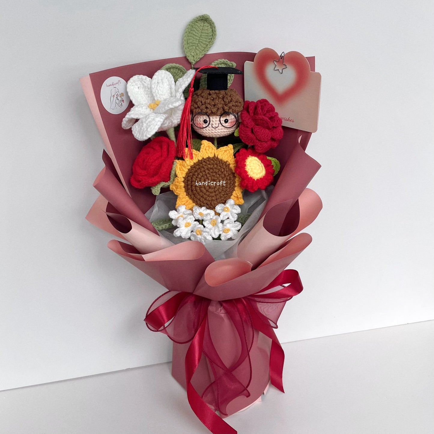 handicroft handmade crochet graduation flower bouquet happy petals red boy