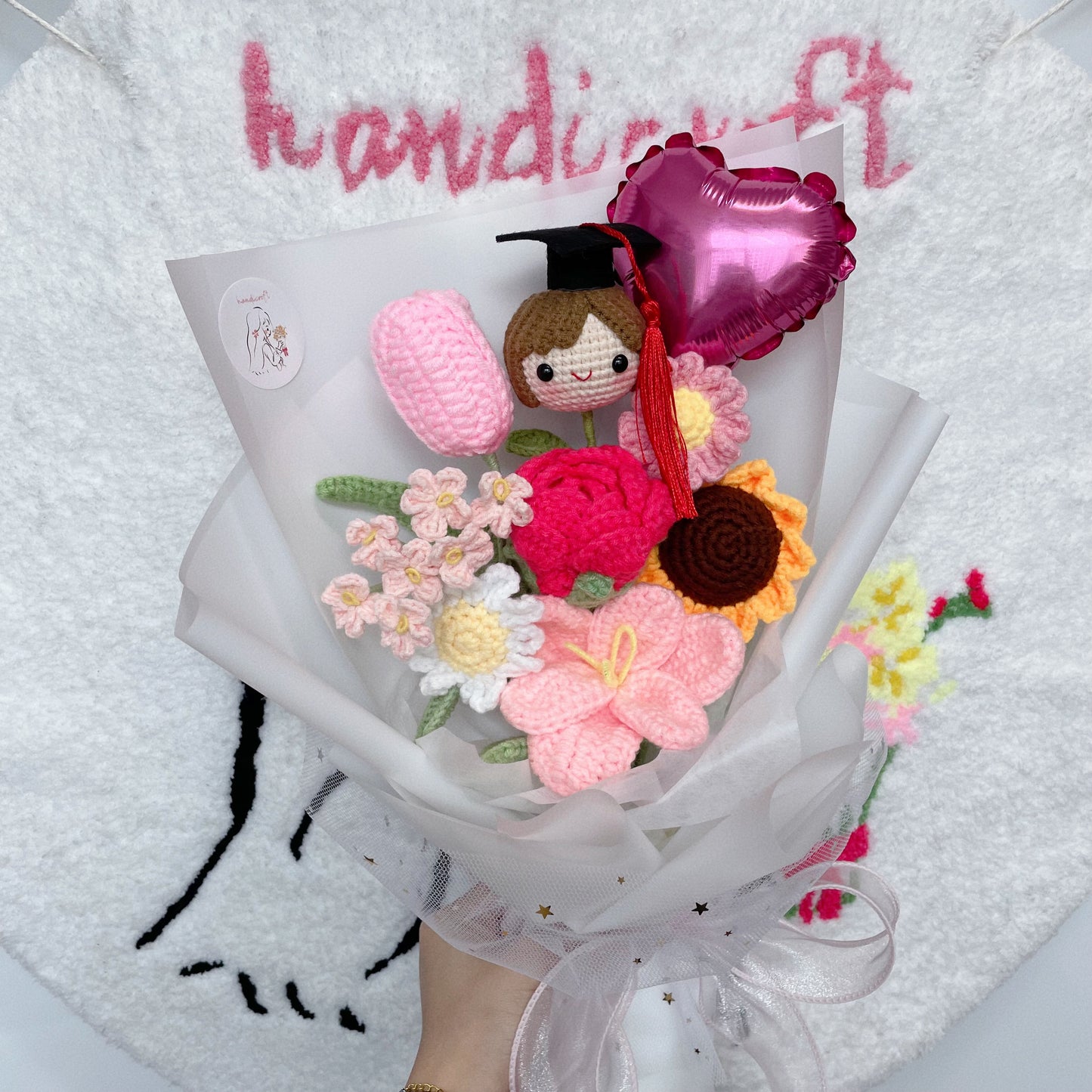 handicroft handmade crochet graduation flower bouquet milestone blooms girl pink