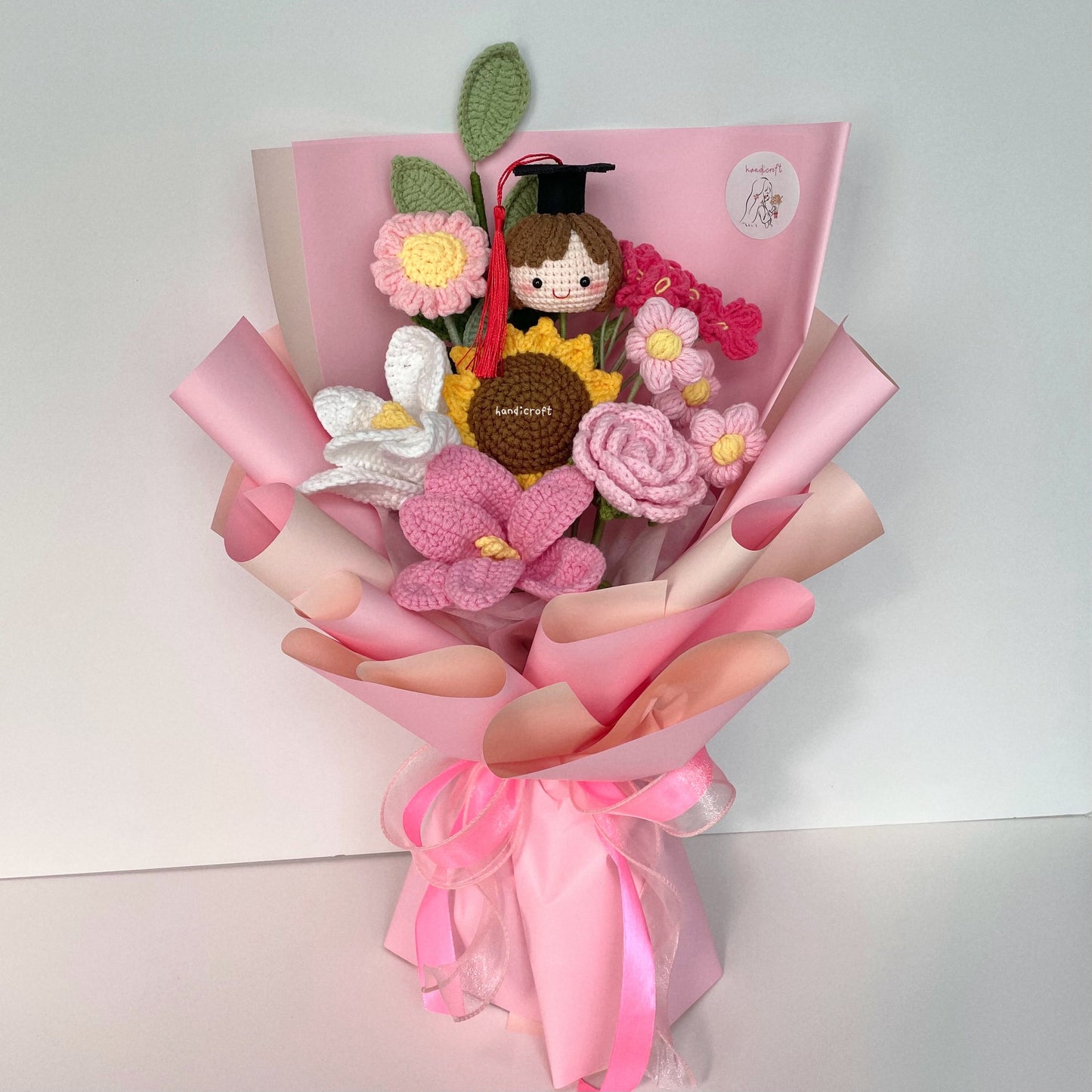 handicroft handmade crochet graduation flower bouquet sunny chapter girl pink