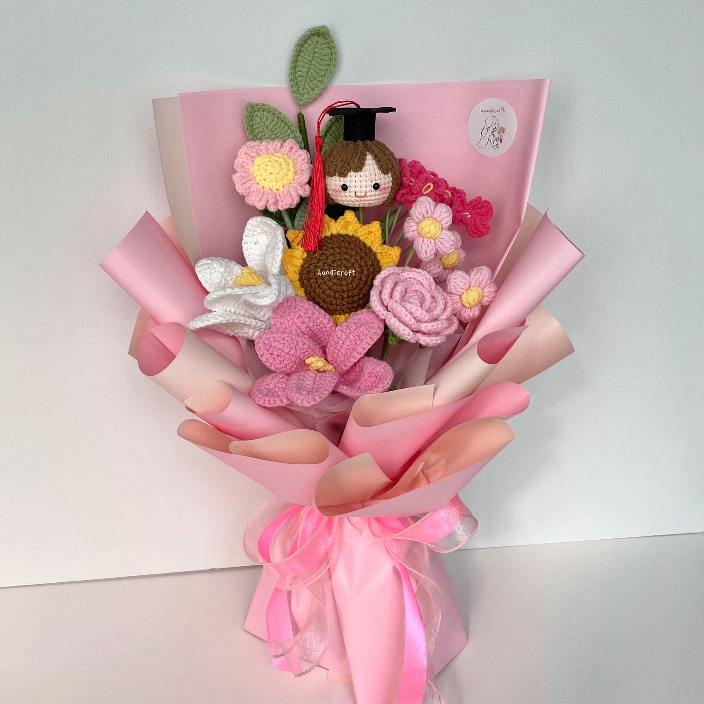 handicroft handmade crochet graduation flower bouquet sunny chapter girl pink