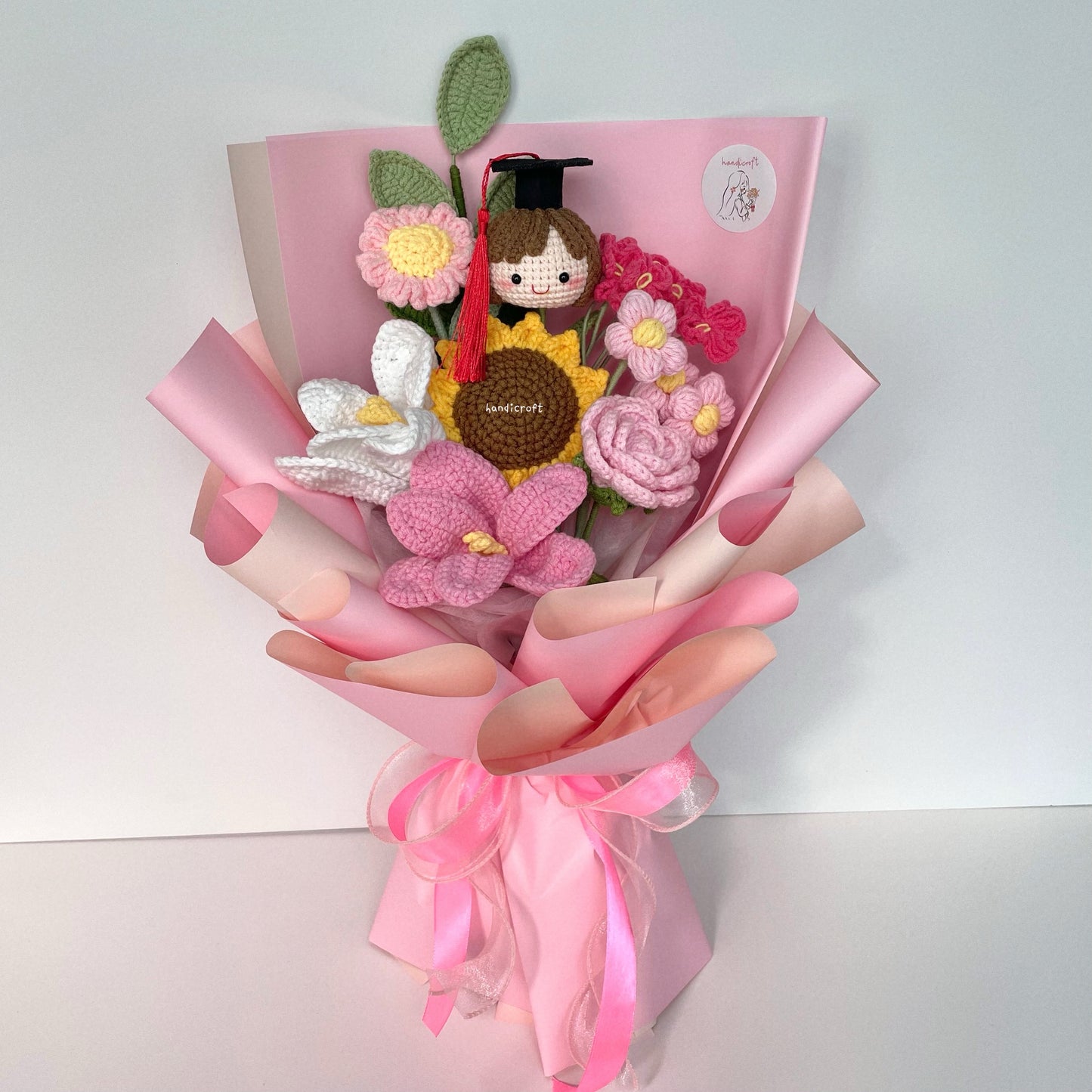 handicroft handmade crochet graduation flower bouquet sunny chapter girl pink