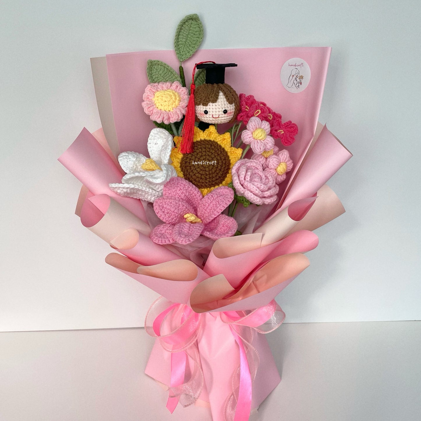 handicroft handmade crochet graduation flower bouquet sunny chapter girl pink