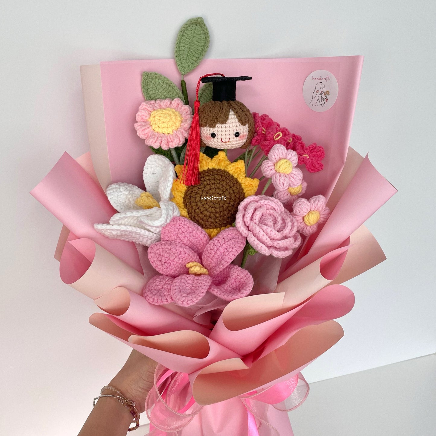 handicroft handmade crochet graduation flower bouquet sunny chapter girl pink