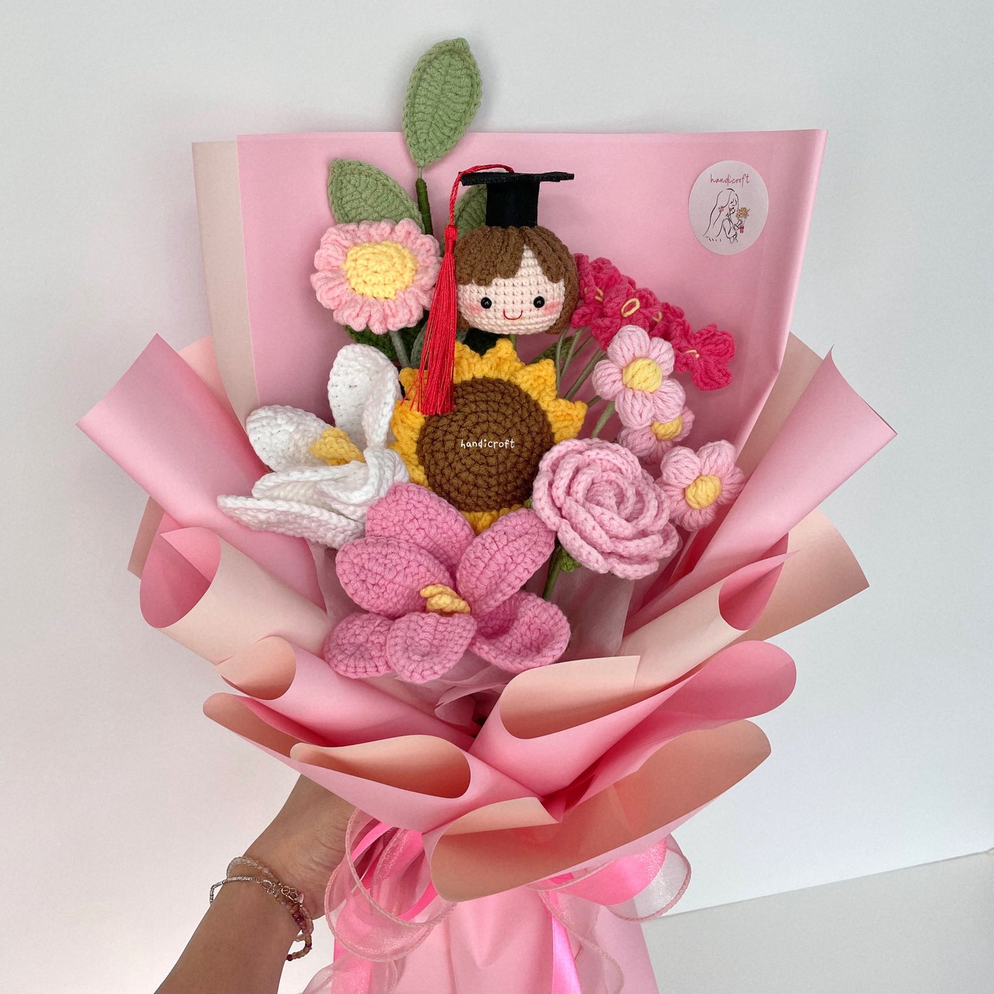handicroft handmade crochet graduation flower bouquet sunny chapter girl pink