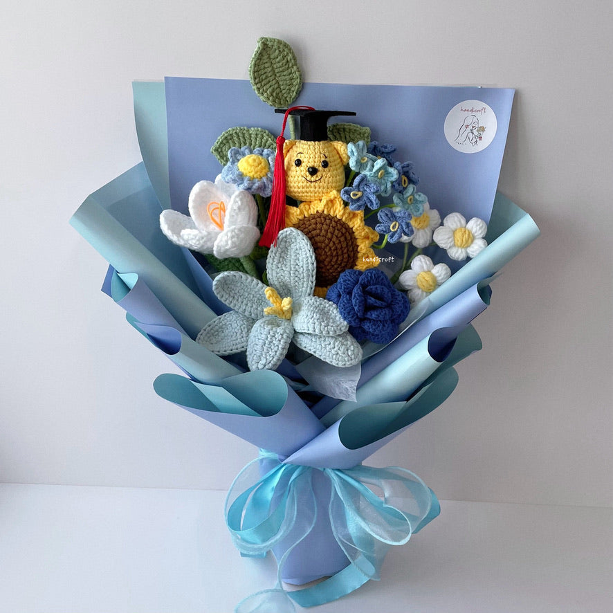 handicroft handmade crochet graduation flower bouquet sunny chapter winnie the pooh blue