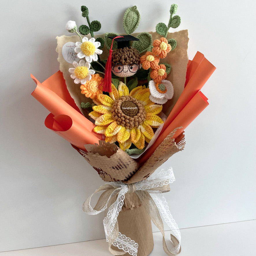 handicroft handmade crochet graduation jumbo sunflower flower bouquet a sunny beginning orange