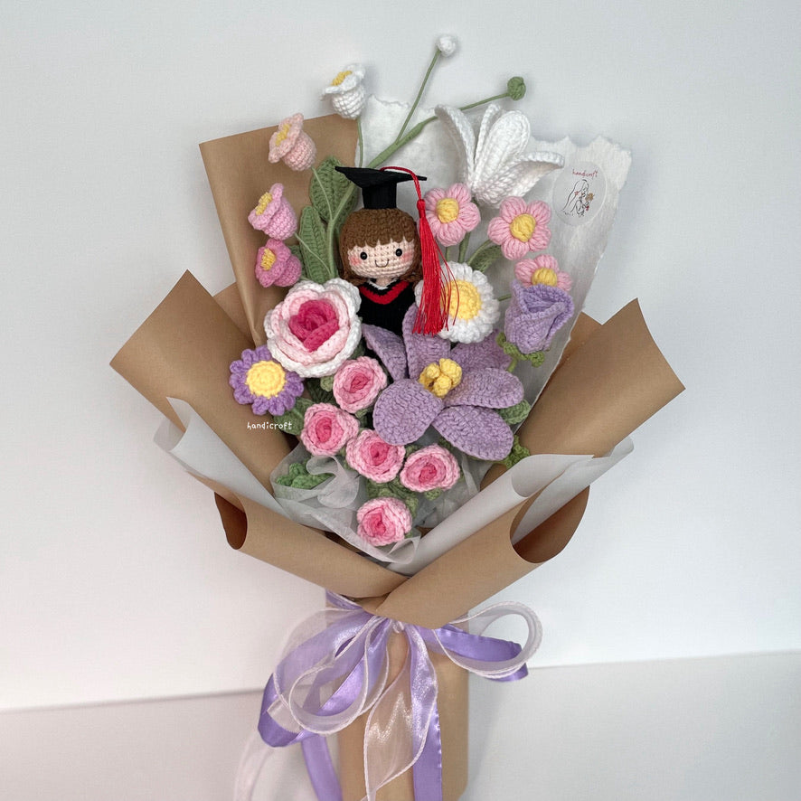 handicroft handmade crochet graduation pastel pink purple flower bouquet bloom of beginnings