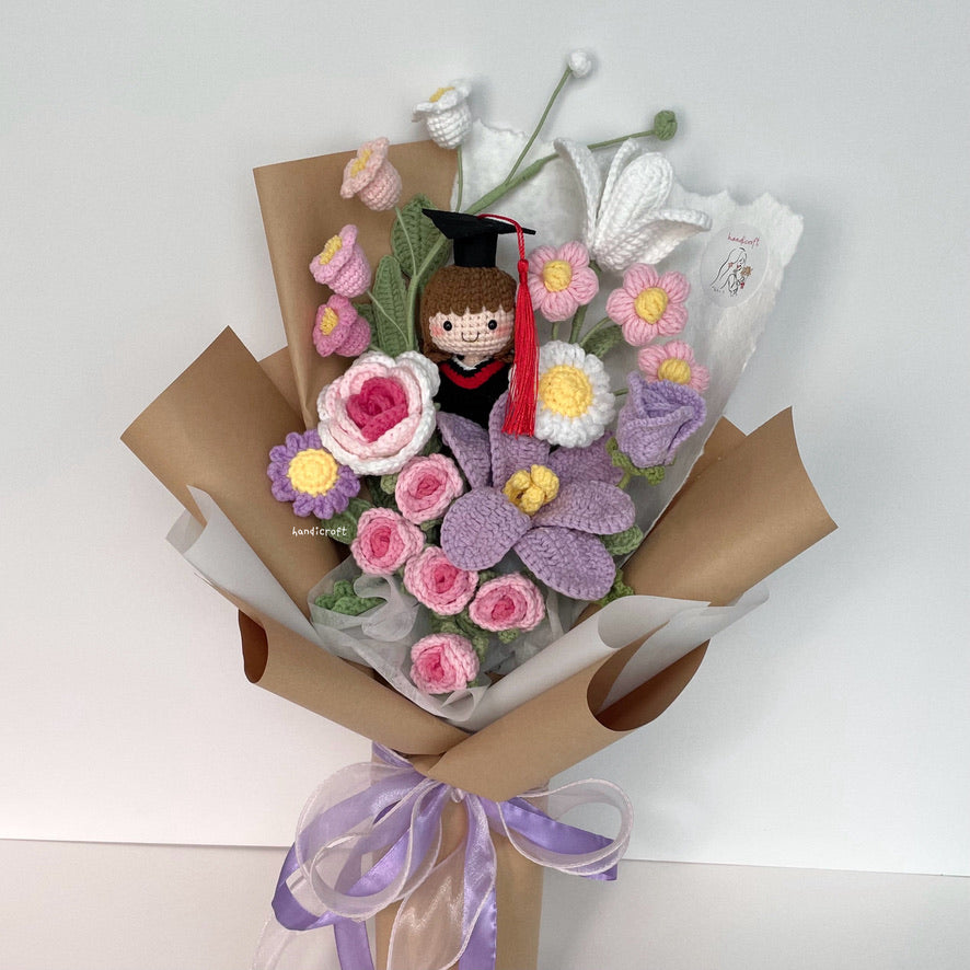 handicroft handmade crochet graduation pastel pink purple flower bouquet bloom of beginnings