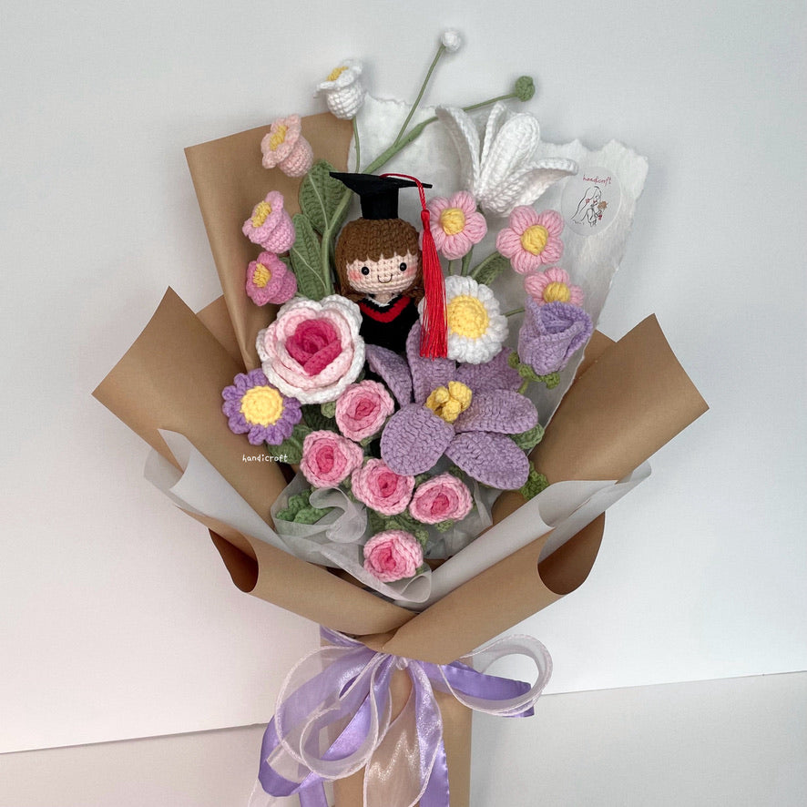 handicroft handmade crochet graduation pastel pink purple flower bouquet bloom of beginnings