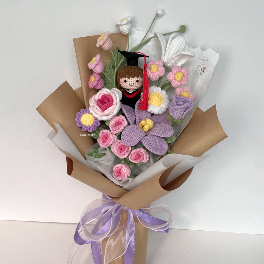 handicroft handmade crochet graduation pastel pink purple flower bouquet bloom of beginnings