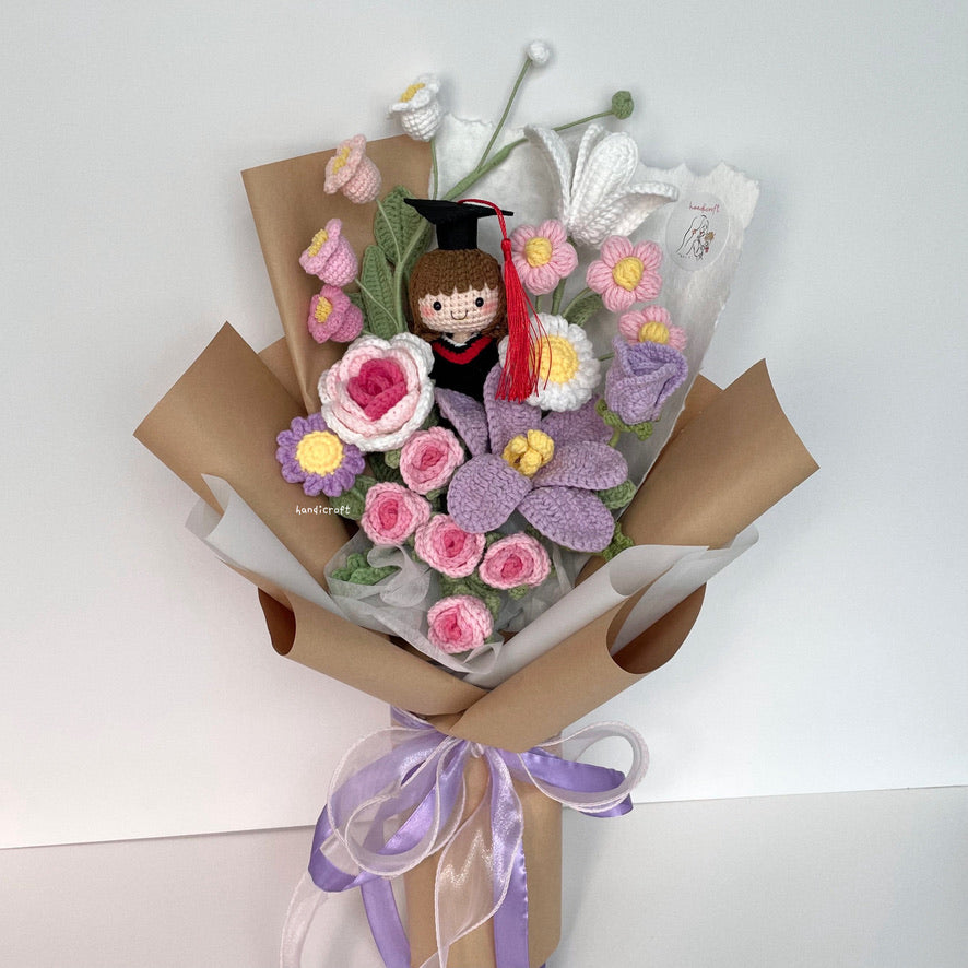 handicroft handmade crochet graduation pastel pink purple flower bouquet bloom of beginnings