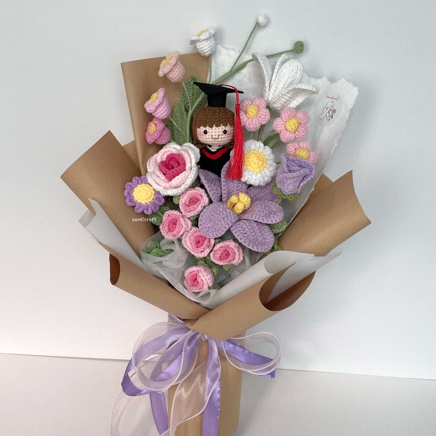 handicroft handmade crochet graduation pastel pink purple flower bouquet bloom of beginnings