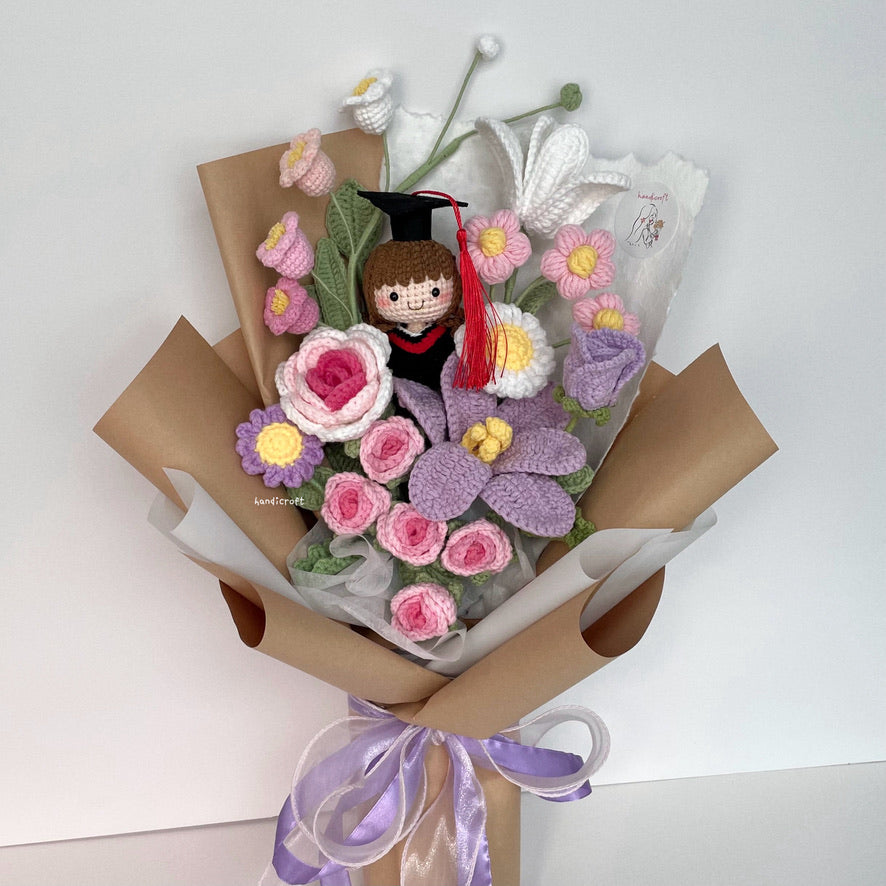 handicroft handmade crochet graduation pastel pink purple flower bouquet bloom of beginnings
