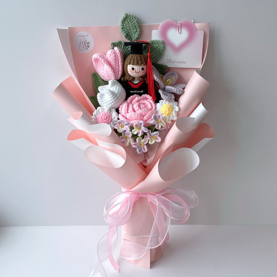 handicroft handmade crochet graduation pastel pink purple flower bouquet blushing success