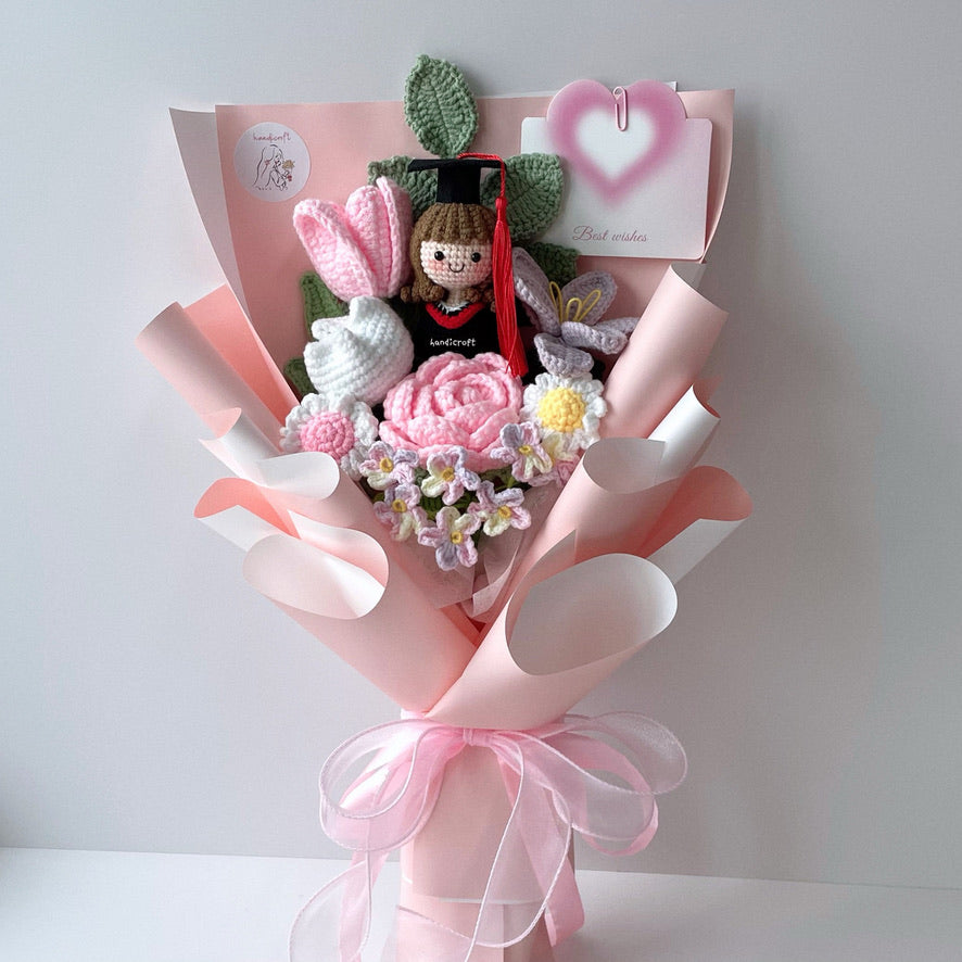 handicroft handmade crochet graduation pastel pink purple flower bouquet blushing success