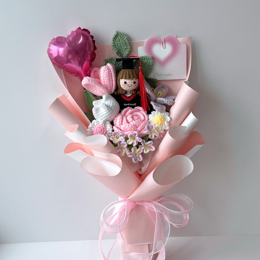 handicroft handmade crochet graduation pastel pink purple flower bouquet blushing success